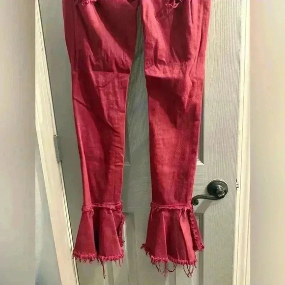 Aphrodite distressed flare leg with raw hem high waisted jeans in burgundy Junio - Picture 7 of 9